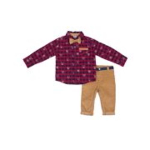 Little Lad Long Sleeve Bear Printed Flannel, Corduroy Pants & Bowtie 3pc Outfit Set (Baby Boys)