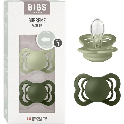 BIBS Supreme Baby Pacifier 2-Pack | Made in Denmark | BPA Free Dummy Soother, Symmetrical Nipple. Silicone, Size 1 (0-6 Months), Sage/Hunter Green