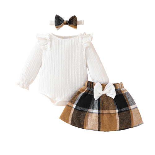 RMGVDSD Baby Girl Clothes Toddler Girl Fall Skirt Outfits Long Sleeve Ruffles Ribbed Romper Plaid Bowknot Skirts With Headband Newborn Infant Clothes Set 3-6 Months