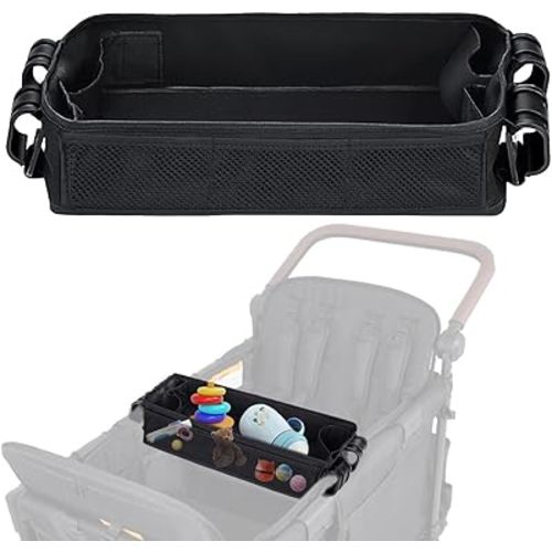 Stroller Snack Tray Compatible with Wonderfold Wagon - Upgraded with Extra Thick Base, Waterproof Faux Leather Sides & Side Mesh Pockets for Added Durability (W4 Series Thickened)