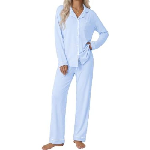 Ekouaer Pajamas Womens Long Sleeve Sleepwear Button Down Loungewear Pjs Set