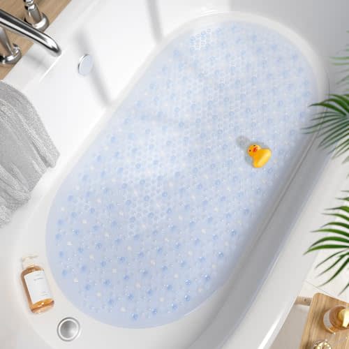 HITSLAM Bathtub Mat Non Slip, 27x15 Inch Bubble Oval Bath Tub Mat for Bathroom, Machine Washable Shower Mat with Suction Cups and Drain Holes, Clear
