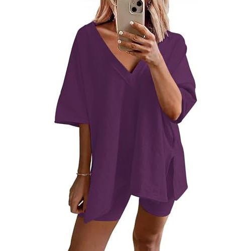Ekouaer Womens 2 Piece Lounge Set Oversized V Neck Top Biker Short Pajamas