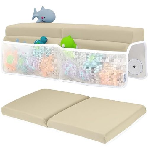 Comfortable Baby Bath Kneeler and Elbow Rest Pad Set – Thick Memory Foam Bath Kneeling Pad with Elbow Support – Baby Bathtub Cushion with Toy Organizer for Bathing Infant or Toddler - Beige
