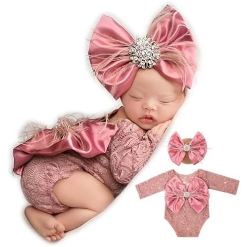 Newborn Photography Props, Infant Girl Photoshoot Lace Romper & Bow Headband Outfit, Baby Photo Props for Newborns