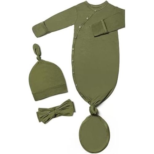 Baby Noah Newborn Knotted Gowns, Baby Girl Side Snap Kimono Sleeper with Mitten Cuffs, Hat and Headband Set for Baby Boy Girl