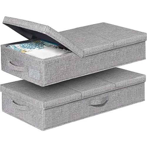 punemi Under Bed Storage With Lids, 2 Pack Large Underbed Storage Containers Clothes W/ 3 Handles, Foldable Low Profile Stackable Drawer Organizer Bins Box for Blanket Shoe Bedroom, 31.1*15.7*6inch