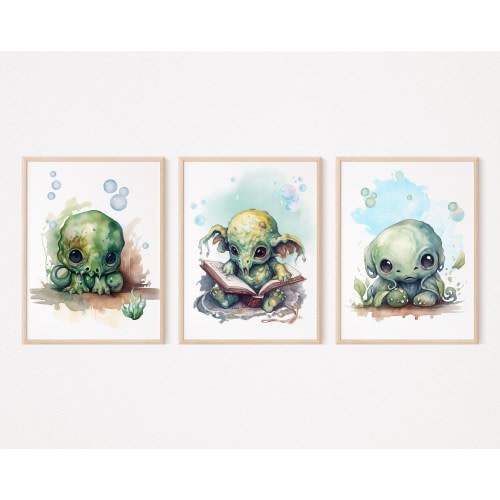 Cthulhu Prints Set of 3, Nursery Decor, Baby Girl Print, New Baby Wall Art, Boy Nursery Poster, Magical Nursery Wall Decor, Lovecraft Art