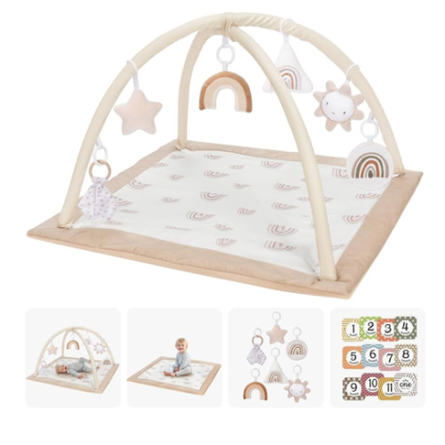 Washable Tummy Time Mat, Baby Play Gym with 6 Featured Toys and 12 Milestone Cards, Baby Gym for Infant & Toddler, Deluxe Larger Baby Play Mat, Baby Play Mats for Floor, Non Slip