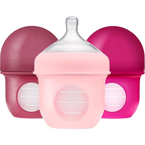Boon Nursh Reusable Silicone Pouch Baby Bottles - Slow Flow Nipple - Silicone Baby Bottle Pouch and Nipple - Baby Feeding Essentials - Pink - 0-3 Months - 3 Count - 4 Ounce