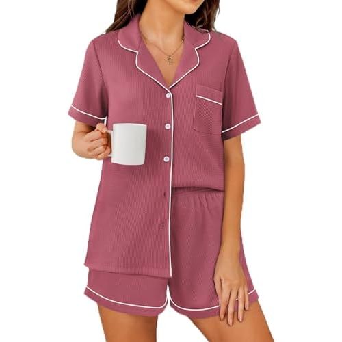 Ekouaer Womens Waffle Knit Pajama Sets Soft Short Sleeve Button Up Pjs