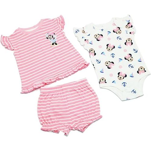 Magic Threadz Disney Clothes Baby Girls 3-Piece Short Set – Marie, Pooh, Minnie, Stitch & Bambi Newborn Outfit Set (0M–24M)