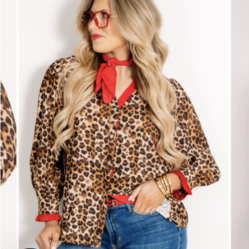 Let Them Talk Leopard Print Long Sleeve Button Down Top
