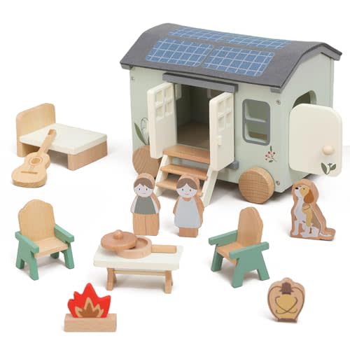 Youuys Wooden Dollhouse Camping Recreational Vehicle - Portable Playhouse Set with 2 Dolls, Pretend Camping House with Smooth-Rolling Wheels, Ready to Play Toy Gift