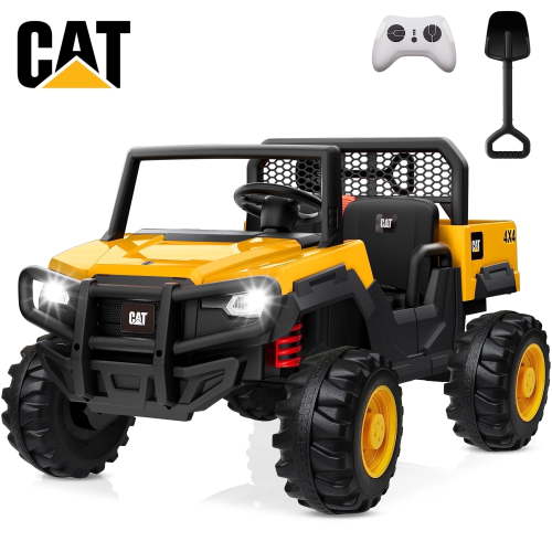 TOKTOO 24V Powered Ride on Dump Truck, Caterpillar Licensed 24V Ride Ons, 2 Seater 24 Volt Ride on Toy for Big Kid with 400W Powerful Wheels, Ride on UTV Car with Dump Bed, Remote, Aged 3-8Y, Yellow