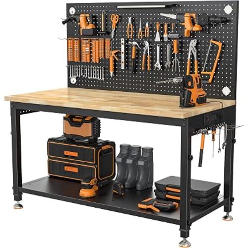 CAMMOO 48" Heavy Duty Work Bench Adjustable Height Max Load 2000 LBS with Storage Shelf for Garage Workbench, Rubberwood Tabletop with Pegboard, LED Light, Built-in Power Strip for Woodworking Shop