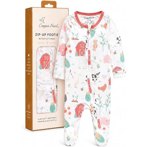 Copper Pearl Zip-Up Footie Baby Pajamas – Soft Newborn Onesies for Boys & Girls, Tag-Free with Two-Way Zipper Baby Sleepers for Newborn - 24 Months, Farmstead