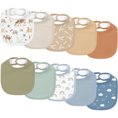 10 Pack Cotton Snap Bibs for Baby Boy Girl, Super Soft Drool Bibs for Teething and Feeding