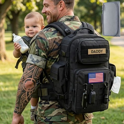 SHARKMOUTH Military Diaper Bag for Men: 40L Capacity with Changing Mat for Tactical Dads - 900D Military-Grade Polyester with MOLLE System for Work Commute/Hiking Camping Outdoor Activities (Black)