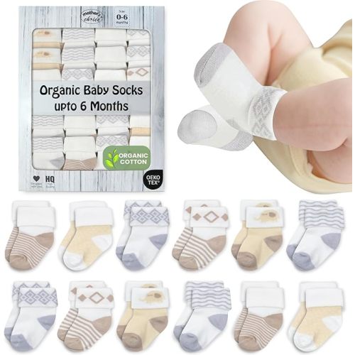 Mother's Choice Organic Cotton Baby Socks 0–6 Months, 12 Pairs Newborn & Infant Socks Soft Hypoallergenic Breathable Gentle On Delicate Skin Stretch Fit Comfortable Daily Essentials For Little Ones