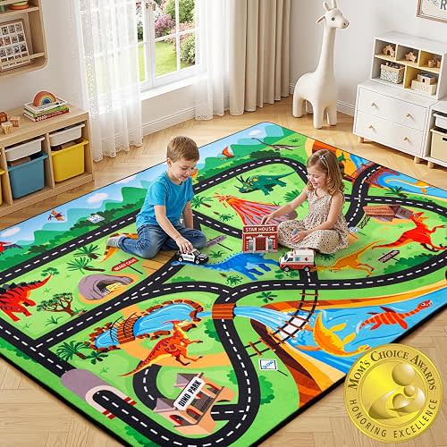 Kids Dinosaur Rug, 5x7 Ft – Extra Thick 0.4in Non-Slip Dino Safari Rug Road Play Mat for Playroom and Bedroom, Ideal for Educational Learning Play Areas