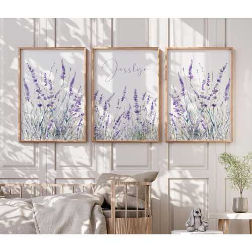 Maya - Personalized Lavender Purple Wildflowers - Floral Meadow Nursery Wall Art Print Set - Girls Bedroom Floral Wall Art