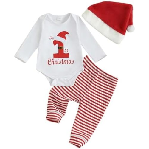 MAYUMMPY Baby Boy Girl My First Christmas Clothes Sets Long Sleeve Letter Deer Romper Pants Hat Newborn Christmas Outfit