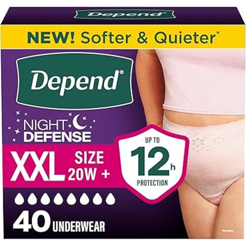 Depend Night Defense Adult Diapers, Incontinence & Postpartum Bladder Leak Underwear for Women, Disposable, Overnight, XXL, Blush, 40 Count (4 Packs of 10), Packaging May Vary