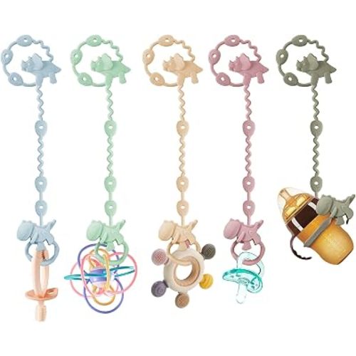 PandaEar Sangles en silicone pour jouet pour bébé - Lot de 5 Sangles porte-jouet pour bébé dinosaure - Sangles de harnais pour tétine et dentition réglables - Sangles en silicone pour tétine pour