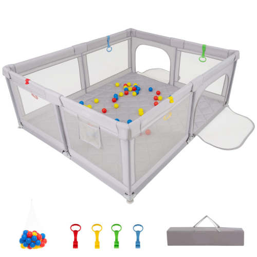 COSTWAY Large Baby Playpen With Mat With Pull Rings and Ocean Balls-GR