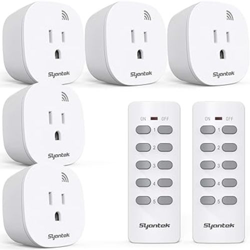 Syantek Remote Control Outlet Wireless Light Switch for Household Appliances, Expandable Remote Light Switch Kit, Up to 100 ft Range, FCC Certified, ETL Listed, White (5 Outlets + 2 Remotes)