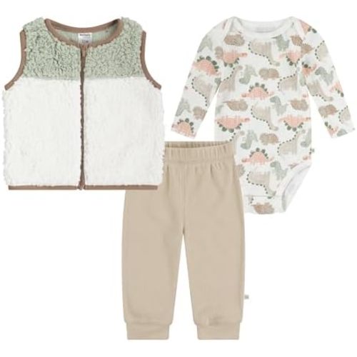 HUGGIES Baby Long Sleeve Waffle Knit Bodysuit, Pants, and Sherpa Vest 3-piece Outfit Set