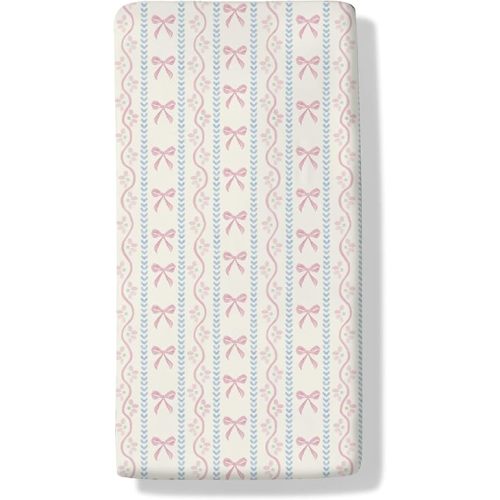 Pink Bows Boho Floral Baby Boys Girls Crib Sheets Cute Bows Flowers Striped Baby Sheet Pastel Girly Ribbons Fitted Crib Mattress Cover for Standard Crib Toddler Mattress 28"x52"