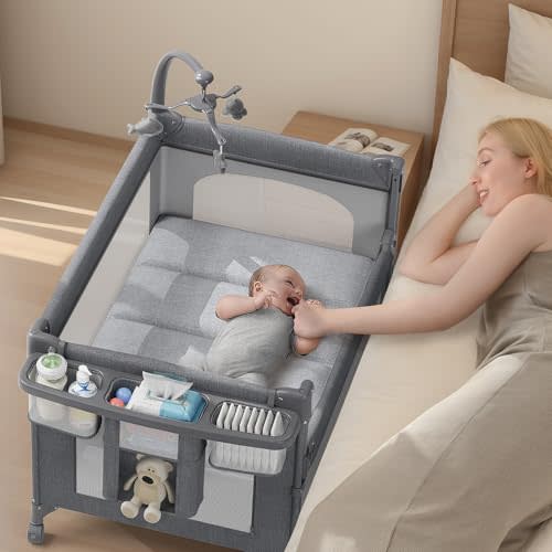 4 in 1 Baby Bassinet, Pack and Play, Bedside Crib Sleeper, Diaper Changer, Quickly Assembled and Folded Portable Crib with Mattress and Mosquito Net, Easy to Carry
