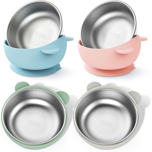 Stainless Steel Baby Bowls with Suction, 2-in-1 SUS304 Toddlers Bowl & Removable Silicone Suction Kids Bowl, Non Toxic Snack Container for Baby Food Feeding, Soft Blue/Sage/Pink/Gray Set of 4