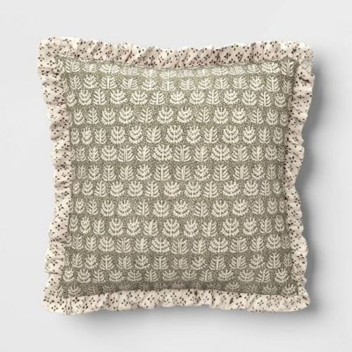 Square Block Print Reversible Pillow with Ruffle Trim Green - Threshold™