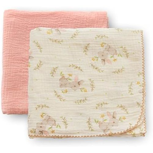 Baby Swaddle Newborn Recieving Blanket 100% Cotton Muslin 2Pack Nursery Wrap Lace Design 40"x40" (Garden Rabbit+Pink)