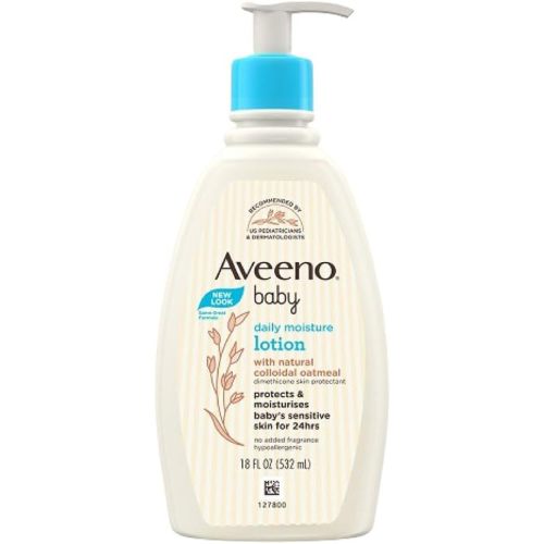 Aveeno Baby Daily Moisture Body Lotion for Sensitive Skin, Hypoallergenic Moisturizing Baby Lotion with Nourishing Oatmeal to Deeply Moisturize Baby's Skin, Fragrance-Free, 18 fl. oz