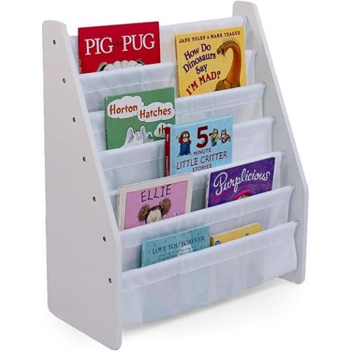 Humble Crew Kids Bookshelf 6-Tier Book Rack Organizer, Extra Large Bookcase with Fabric Storage Pockets, White/White