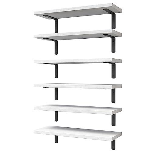 WOPITUES White Floating Shelves Set of 6,Wood for Bedroom,Modern Wall Decor,Bathroom Storage,Book Living Room[Upgraded]-White (HM011A)