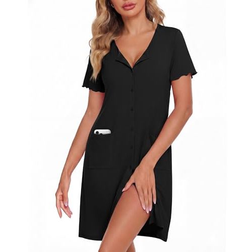 ZOOSIXX Nightgowns for Women - Short Sleeve Sleepwear Button Up Pajamas for Women V-Neck Sleepwear Dress with Pockets
