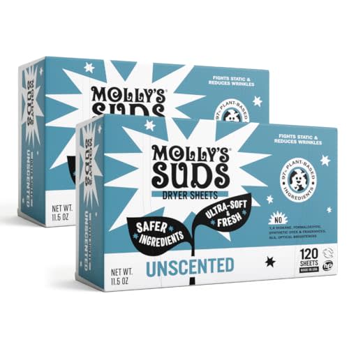 Molly's Suds Fabric Softener Dryer Sheets for Sensitive Skin | Plant-Based Static Reducer, Plastic-Free Packaging | Bundle of 2, Unscented (240 Sheets Total)