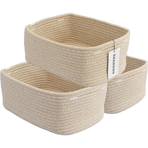Small Woven Storage Baskets 12“X8”X5“ Decorative Rope Bins for Organizing Shelves, Closets, and Toys, Empty Gift Baskets, Cute Organizer Basket for Home and Office (oatmeal, regular)