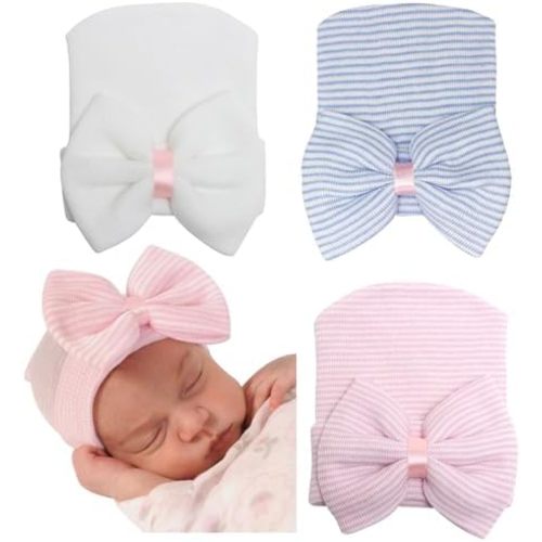 AQOKKA Newborn Baby Girl Hats with Bow No Scratch Cotton Toddler Infant Beanie Caps Soft Newborn Hospital Hat 0-3 Months