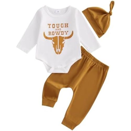 Newborn Baby Boy Western Clothes Long Sleeve Letter Cow Print Romper and Pants with Hat Coming Home Outfit 3Pcs