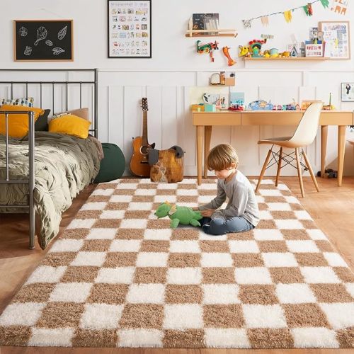 Fluffy Area Rug for Bedroom 5x7, Modern Indoor Shag Carpet, Soft Plush Non Slip Checkered Rugs for Living Room Kids Room Home Decor, Beige and Cream White