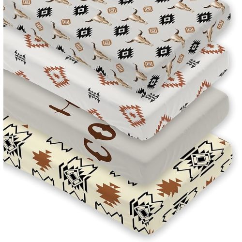 4 Pack Western Crib Set for Baby Boys, Soft Breathable Fitted Crib Sheet 28 x 52 in, Aztec Cowboy Nursery Decor for Standard Crib and Toddler Bed Mattresses