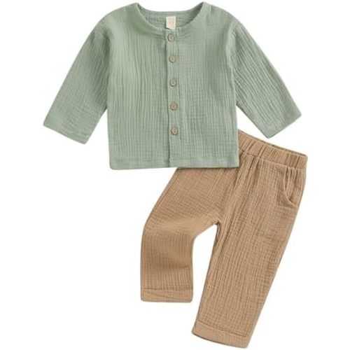VISGOGO Toddler Boy Linen Outfit Baby Boy Fall Winter Clothes Set Button-Down Shirt Tops Cotton Linen Pants 2PCS