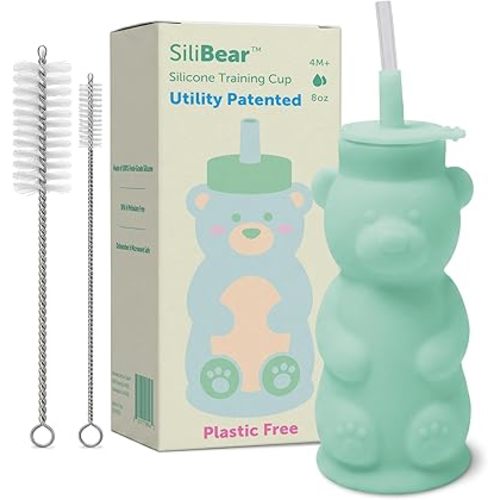 Silipint Honey Bear Straw Cup for Baby & Toddler – Soft Silicone Squeeze Training Straw Cup, Leak-Resistant Baby Sippy Cup for Bottle Transition, BPA Free, Dishwasher Safe, 8 oz Green
