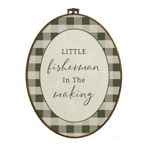 dvhdajed Vintage Boys Nursery Oval Wall Art Decor, Little Fisherman in the Making Framed Canvas Art, Baby Boys Room Decorations,Cabin Green Checkered Wall Hanging Decor for Toddler Room,8.7x11.3 In